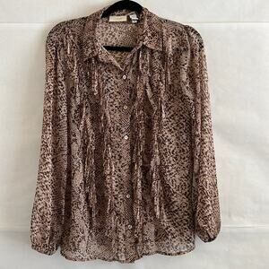 Chico’s Women’s Size S Brown Animal Print Fringe Sheer Button Long Sleeve Blouse